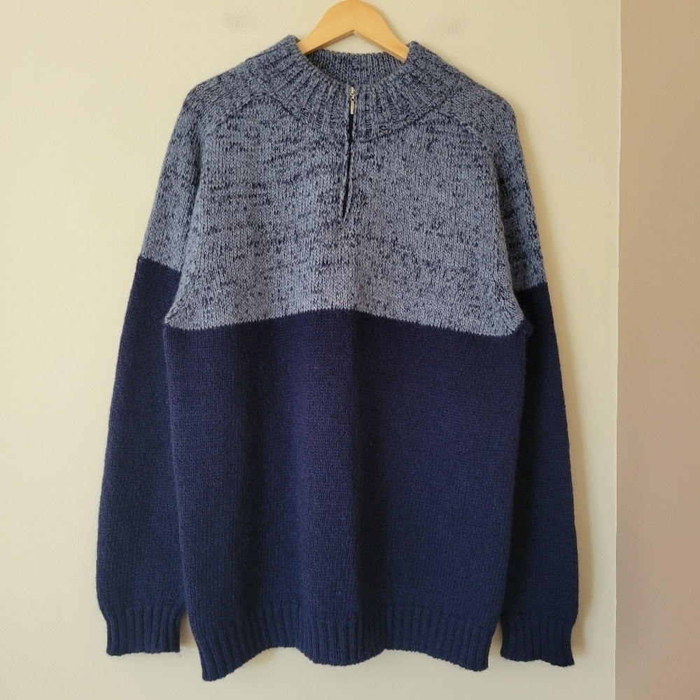 Mauro Sergio Men's Wool Blend Knit Quarter Zip Mock Neck Navy Blue Sweater Sz L
